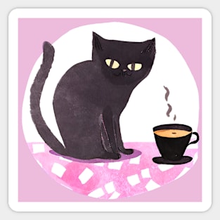 Cute Watercolor Coffee Cup and Black Cat Sticker